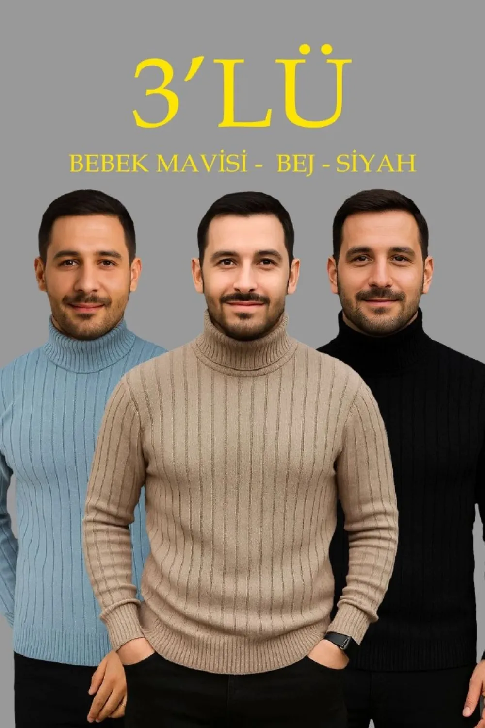 Erkek Fitilli Kazak Tam Boğazlı Balıkçı Yaka Triko 3lü Set Bebek Mavisi-Bej-Siyah