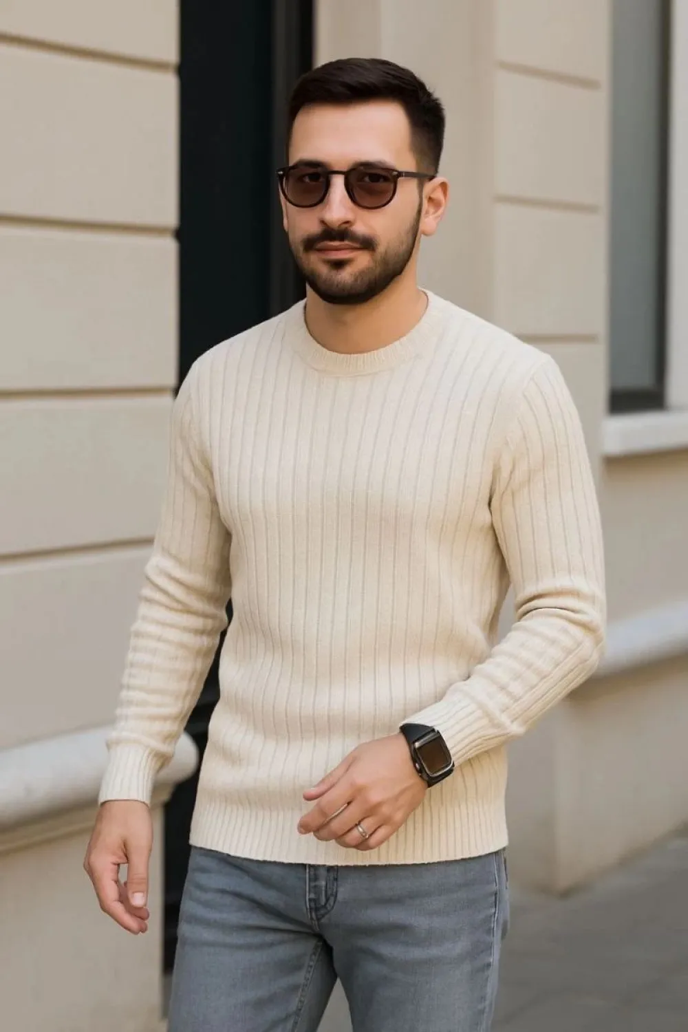 Erkek Fitilli Triko Bisiklet Yaka Kalın Kazak 3lü Set Bej-Bebek Mavisi-Siyah