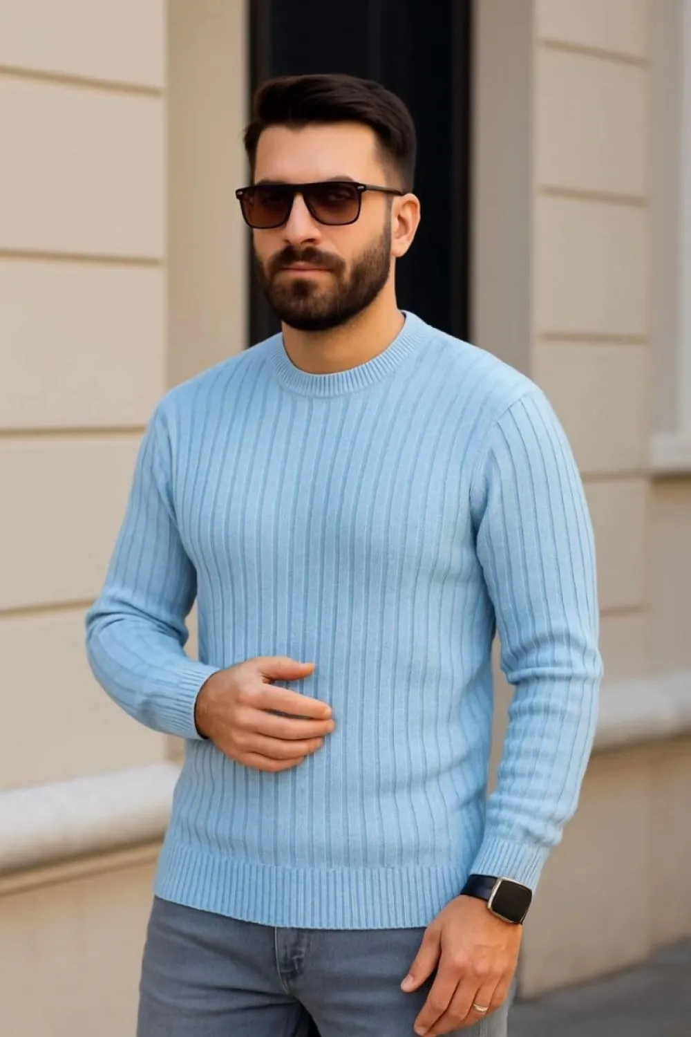 Erkek Fitilli Triko Bisiklet Yaka Kalın Kazak 3lü Set Bej-Bebek Mavisi-Siyah
