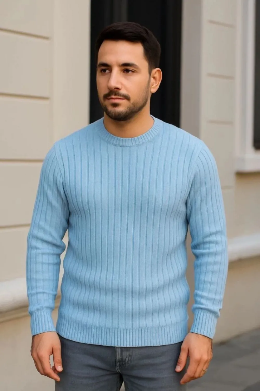 Erkek Fitilli Triko Bisiklet Yaka Kalın Kazak 3lü Set Bej-Bebek Mavisi-Siyah