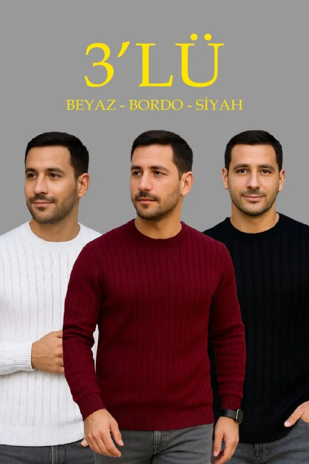 Erkek Fitilli Triko Bisiklet Yaka Kalın Kazak 3lü Set Beyaz-Bordo-Siyah
