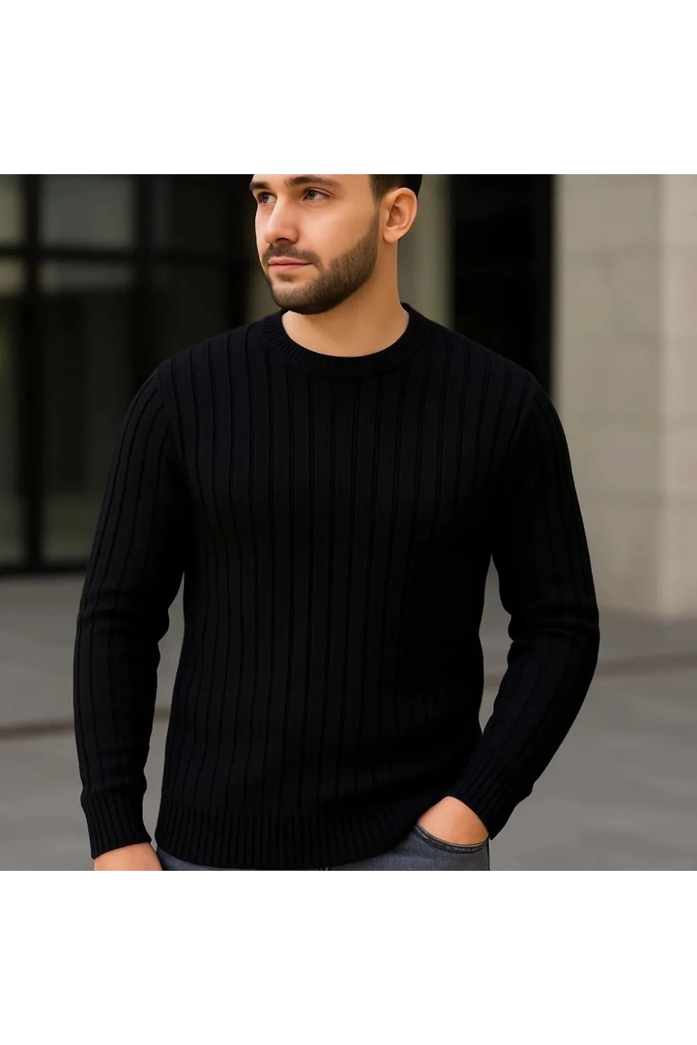 Erkek Fitilli Triko Bisiklet Yaka Kalın Kazak 4lü Set Beyaz-Haki-Bej-Siyah
