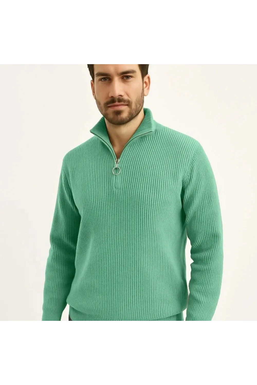 Erkek Fitilli Triko Kazak 3’lü Set Mint Yeşili Siyah Bej Kalın Dokuma Pamuklu Regular Fit