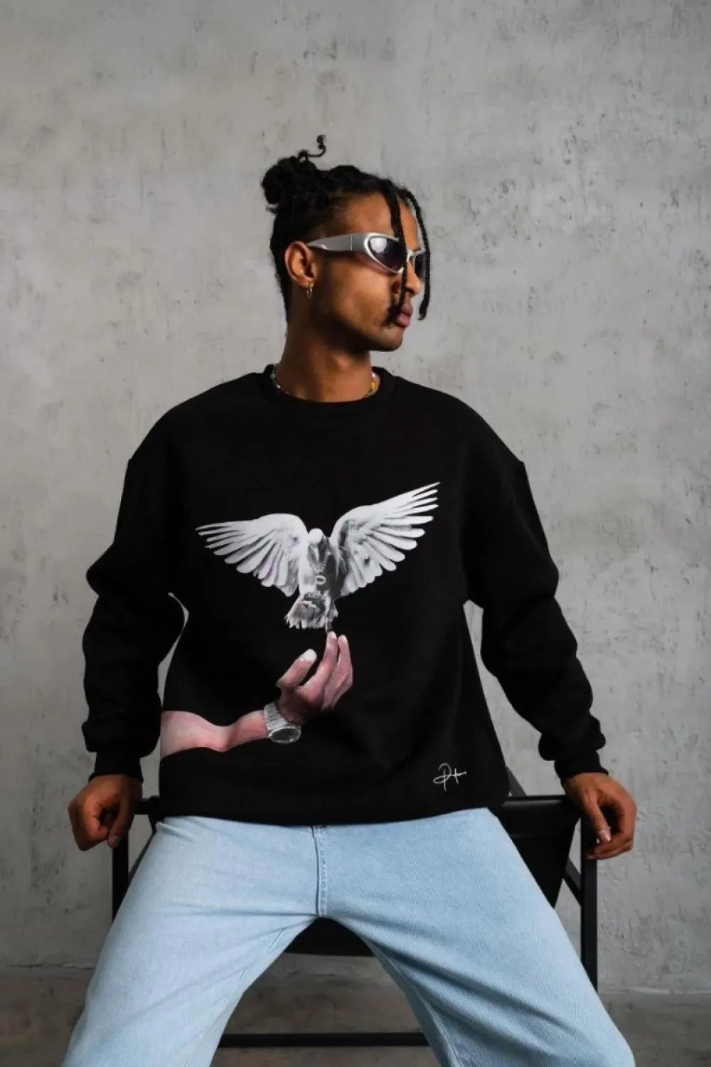 Erkek Güvercin Baskılı 3 iplik Bisiklet Yaka ipamuklu Sweatshirt - Siyah