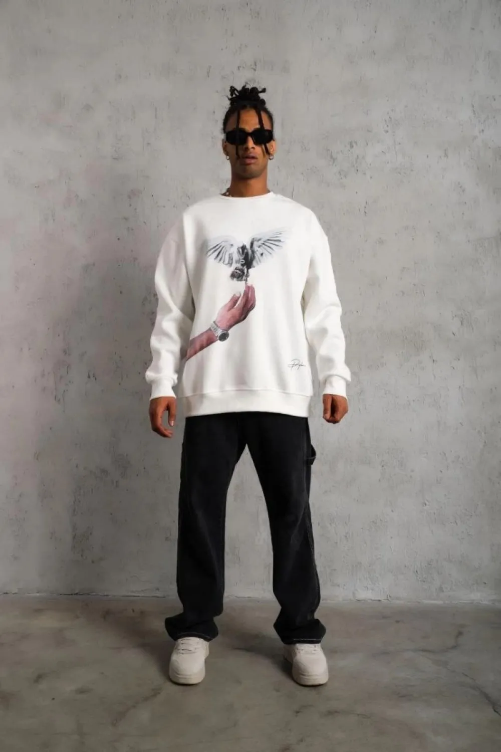 Erkek Güvercin Baskılı 3 iplik pamuklu Bisiklet Yaka Sweatshirt - Beyaz