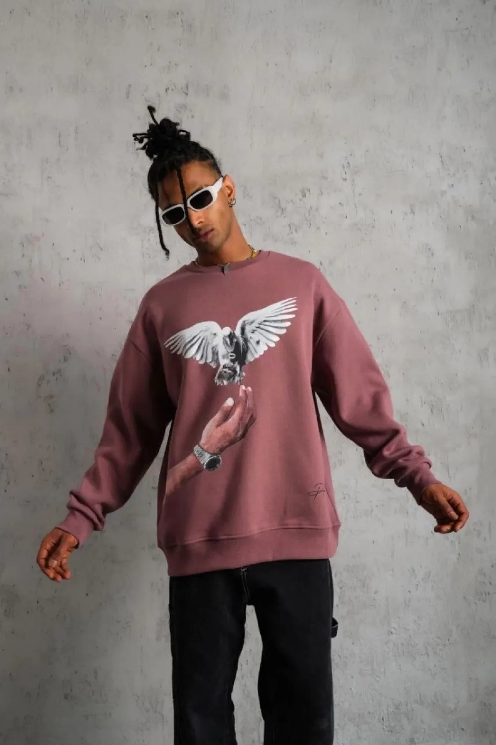 Erkek Güvercin Baskılı Bisiklet Yaka Sweatshirt 3 iplik pamuklu - Gül Kurusu