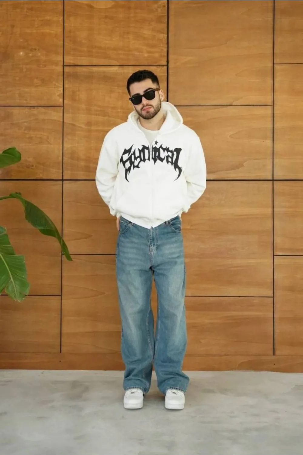 Erkek Kapüşonlu 3 İplik Şardonlu Önü Baskılı Fermuarlı Oversize Sweatshirt - Beyaz