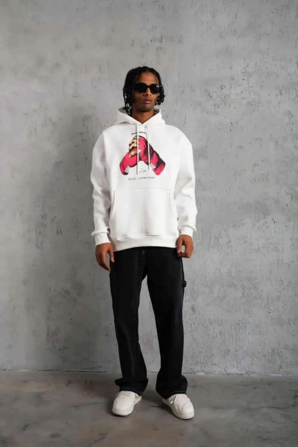 Erkek Kapüşonlu Cepli Boks Eldiven Baskılı 3 İplik Sweatshirt Hoodie - Beyaz