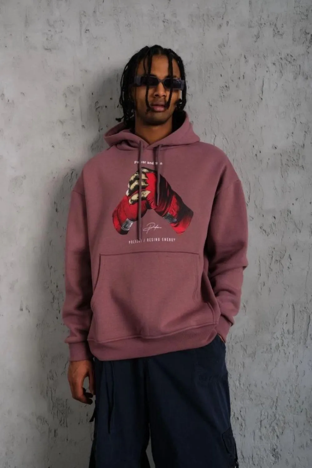 Erkek Kapüşonlu Cepli Box Eldiven Baskılı 3 İplik Sweatshirt Hoodie - Gül Kurusu
