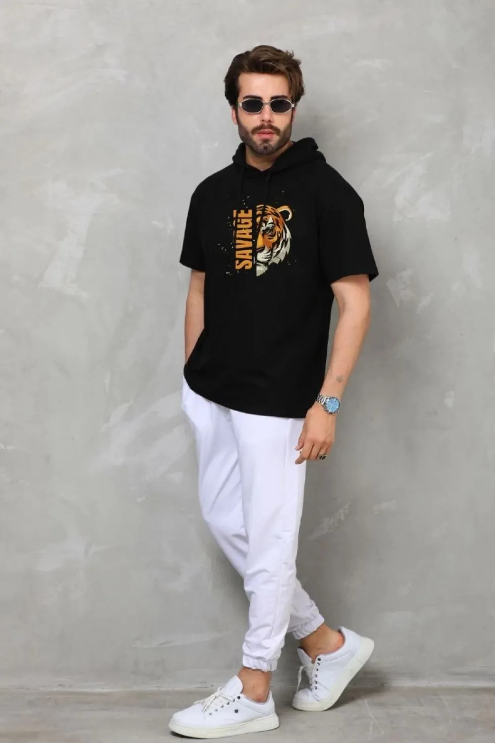 Erkek Kapüşonlu Kısa Kol Oversize Baskılı T-Shirt - Siyah