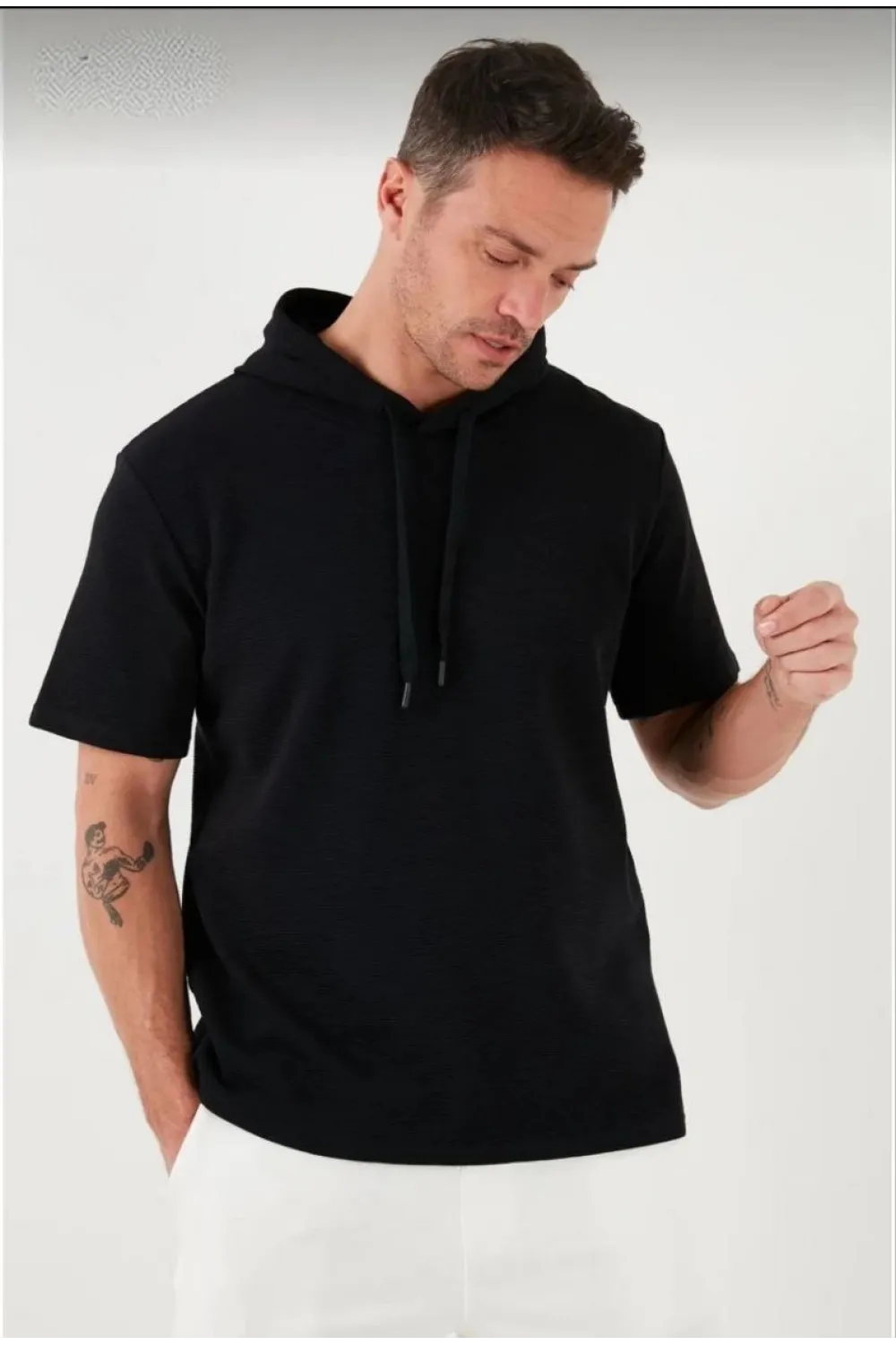 Erkek Kapüşonlu Tişört Kısa Kol Düz Oversize T-shirt - Siyah