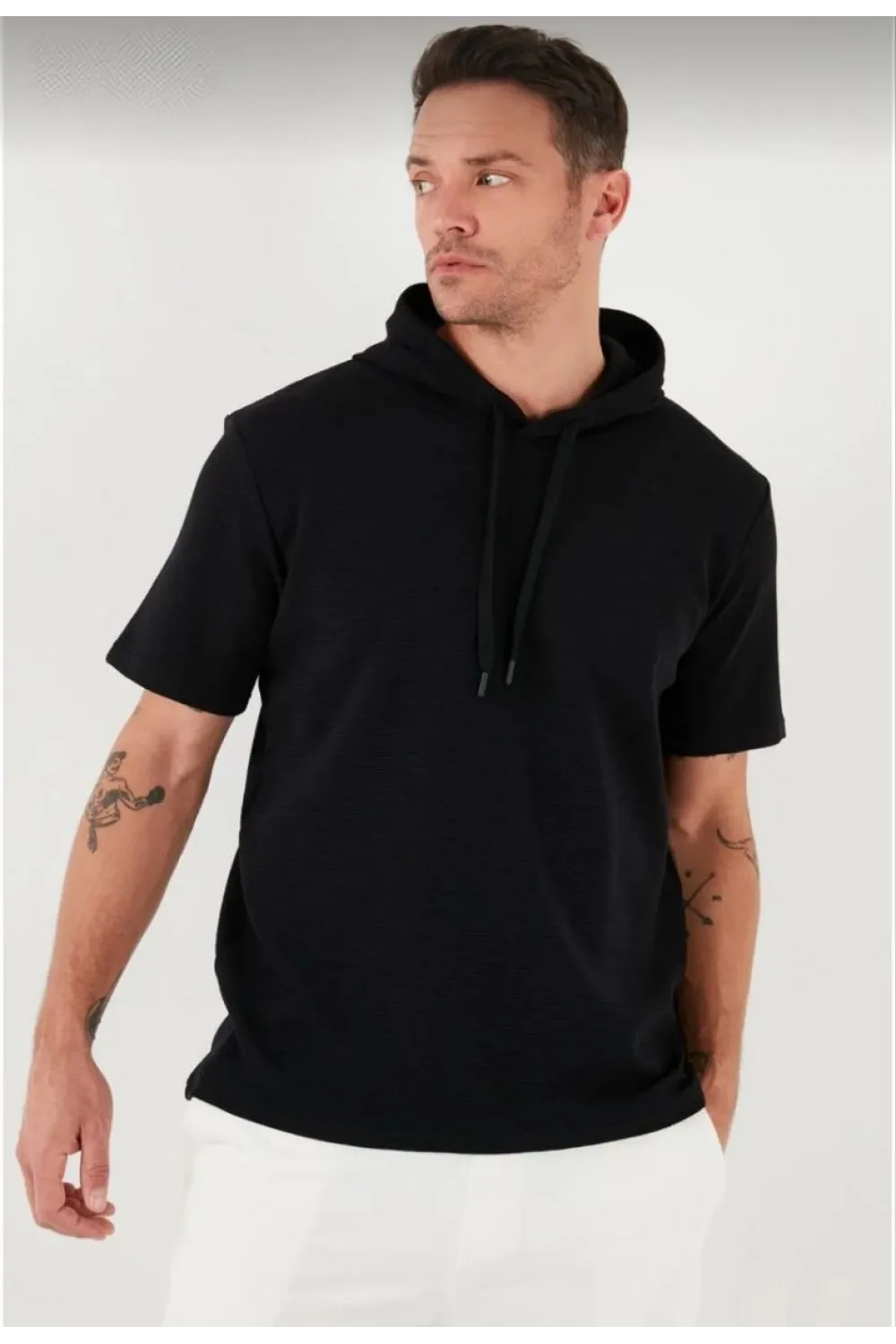 Erkek Kapüşonlu Tişört Kısa Kol Düz Oversize T-shirt - Siyah