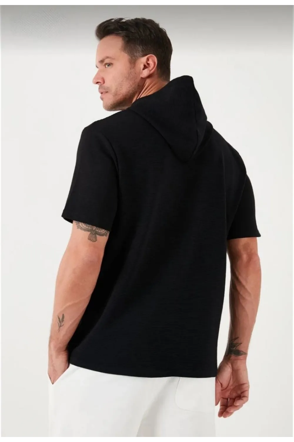 Erkek Kapüşonlu Tişört Kısa Kol Düz Oversize T-shirt - Siyah