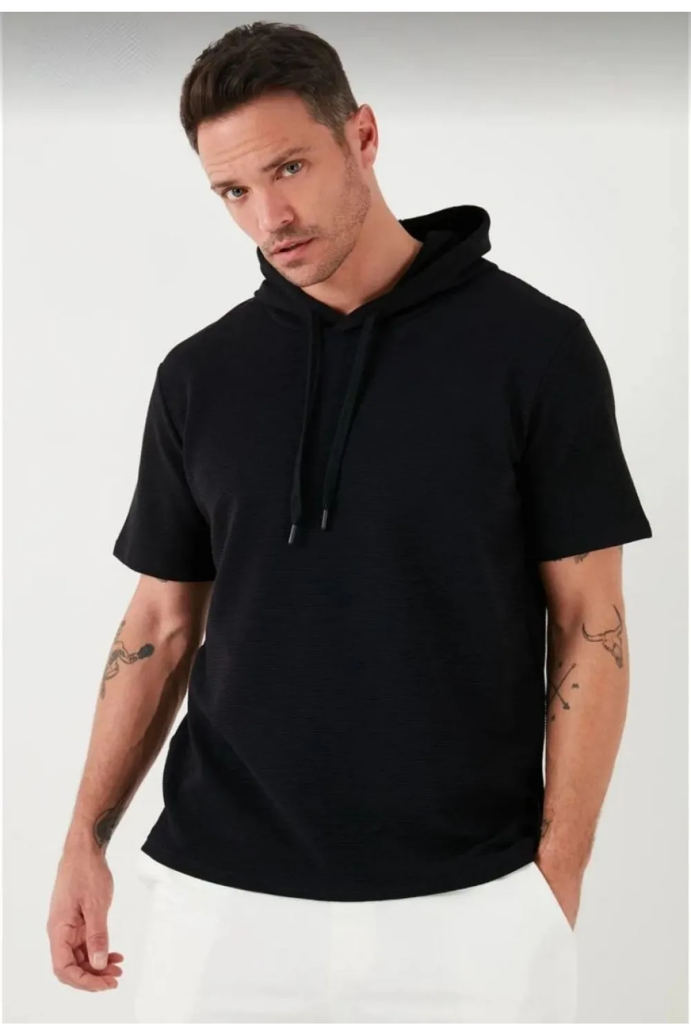 Erkek Kapüşonlu Tişört Kısa Kol Düz Oversize T-shirt - Siyah