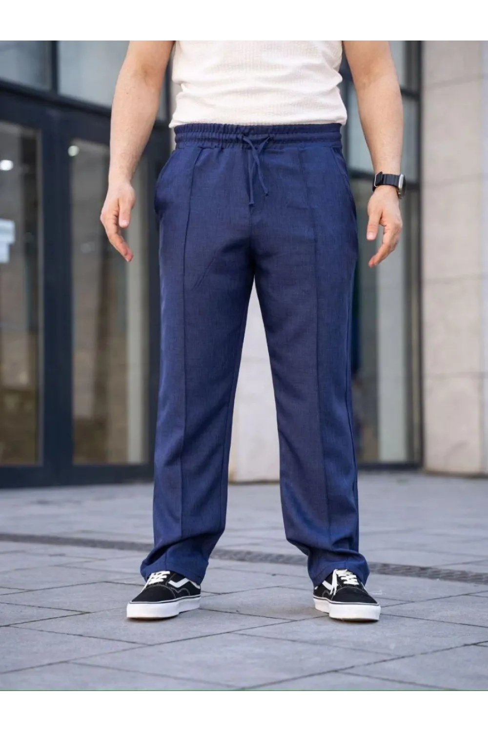 Erkek Keten Cepli Çıma Dikişli jogger Buggy Pantalon Rahat kalıp - Lacivert