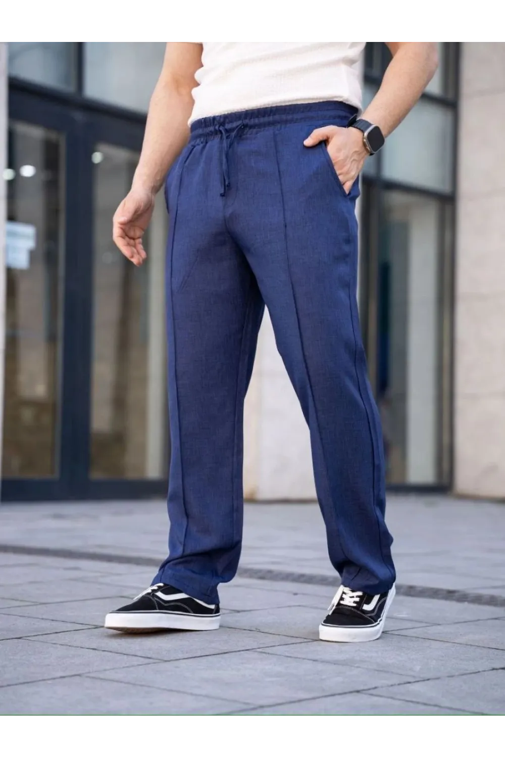 Erkek Keten Cepli Çıma Dikişli jogger Buggy Pantalon Rahat kalıp - Lacivert