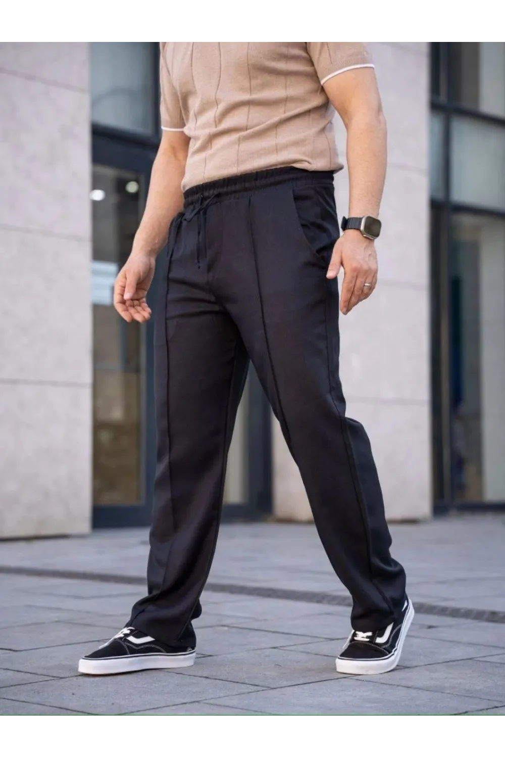 Erkek Keten Cepli Çıma Dikişli jogger Buggy Pantalon Rahat kalıp - Siyah