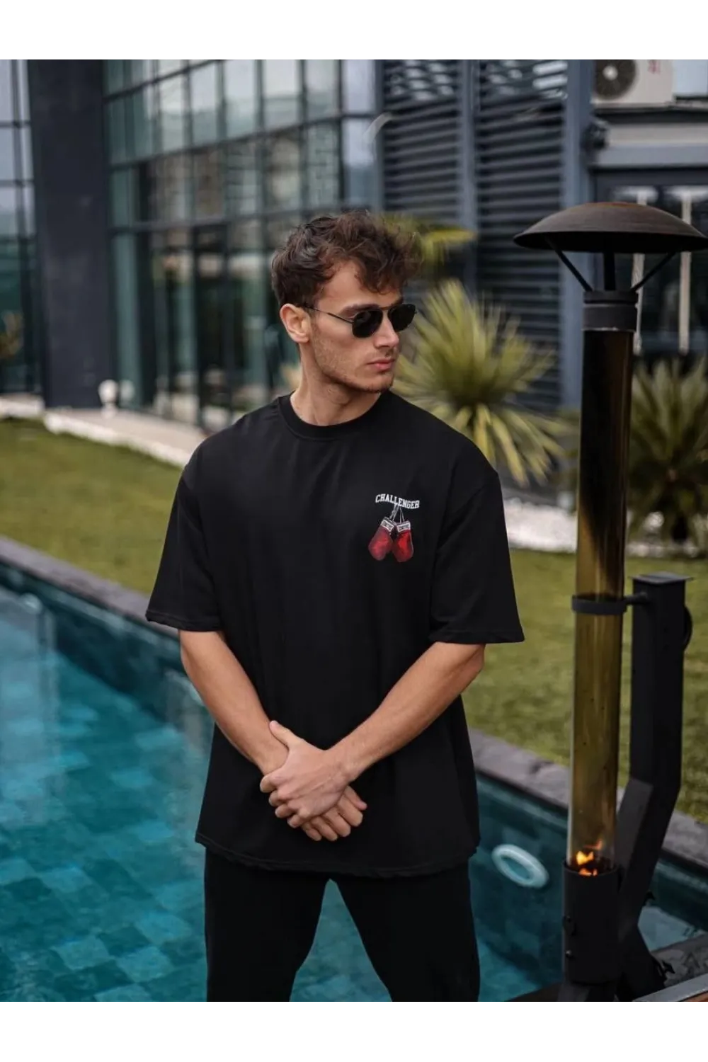 Erkek Kısa Kol Tişört Bisiklet Yaka Box Eldiven Baskılı T-Shirt -  Siyah