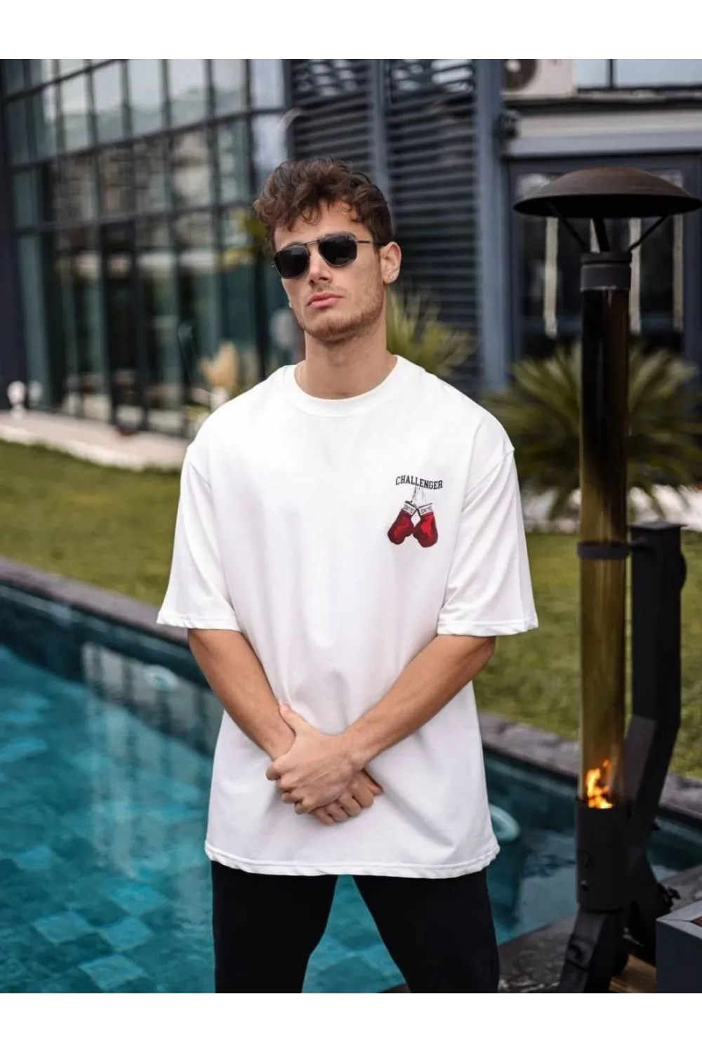Erkek Kısa Kol Tişört Bisiklet Yaka Boxy Eldiven Baskılı T-Shirt - Beyaz