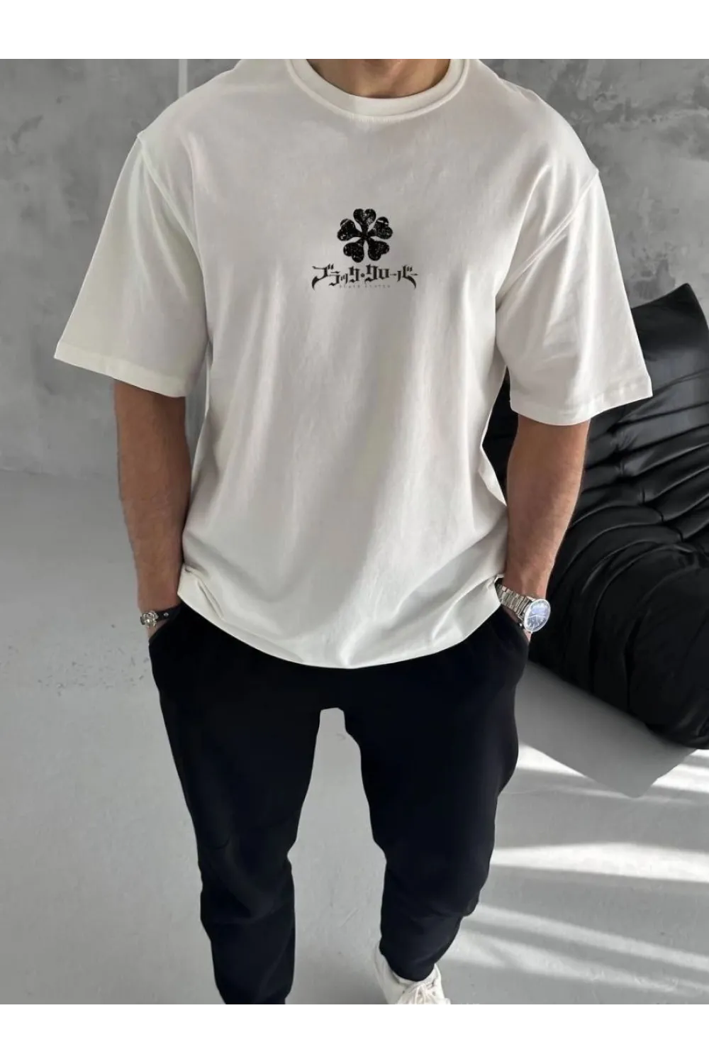 Erkek Kısa Kol Tişört Bisiklet Yaka YONCA Baskılı Oversize T-Shirt -  Beyaz