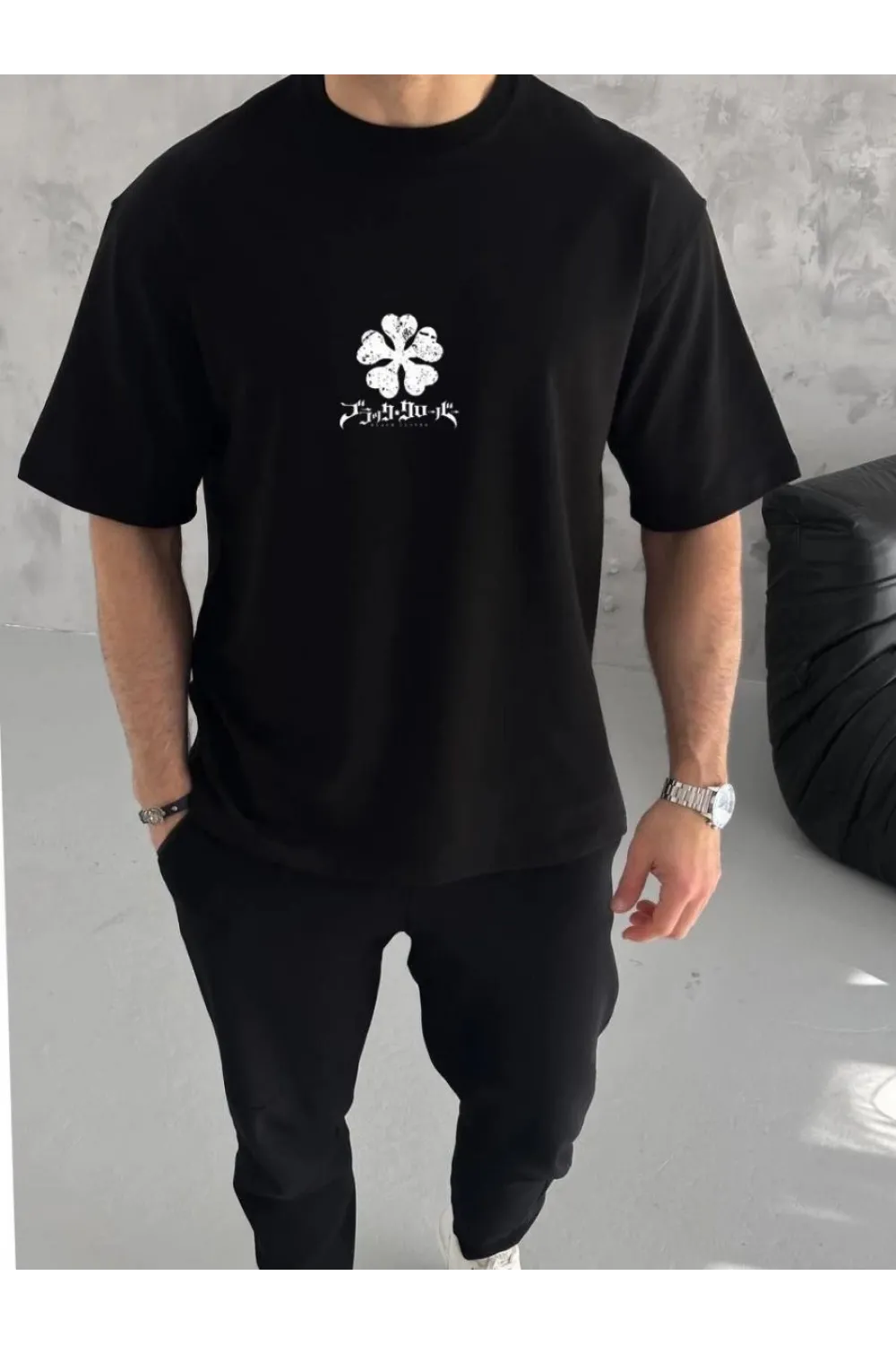 Erkek Kısa Kol Tişört Bisiklet Yaka YONCA Baskılı Oversize T-Shirt - Siyah
