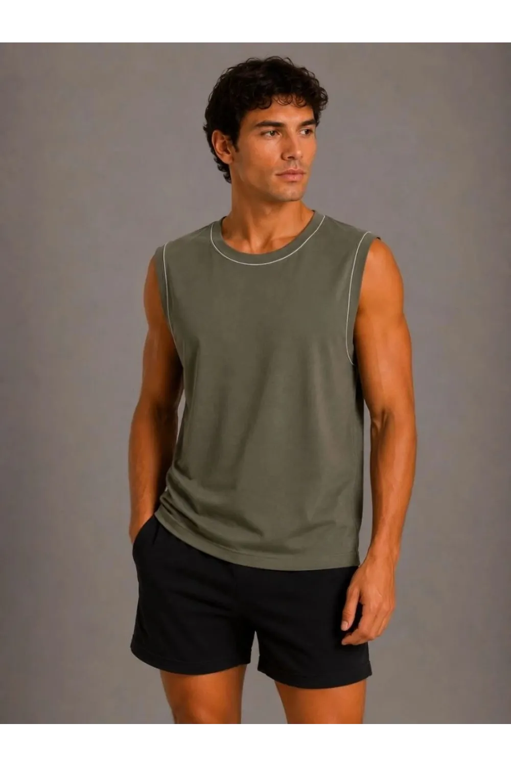 Erkek Kontrast Biyeli Kolsuz Atlet Bisiklet Yaka Yazlık Basic Atlet - Haki