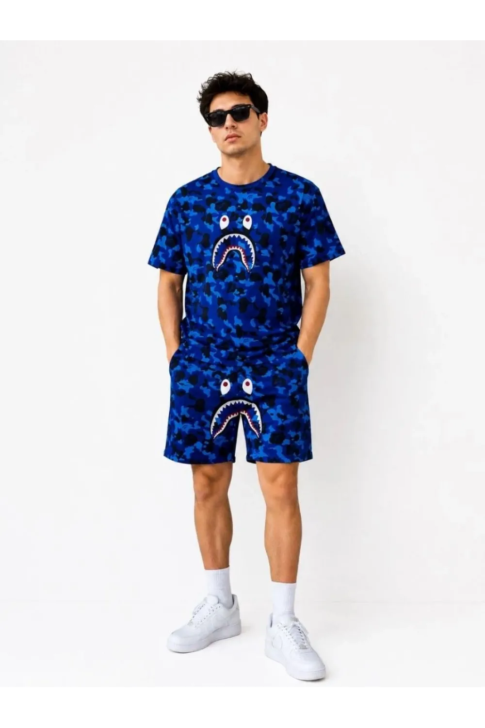 Erkek Oversize Kalıp Pubg Bape X Shark Nakışlı Cepli Şort Takım - Mavi
