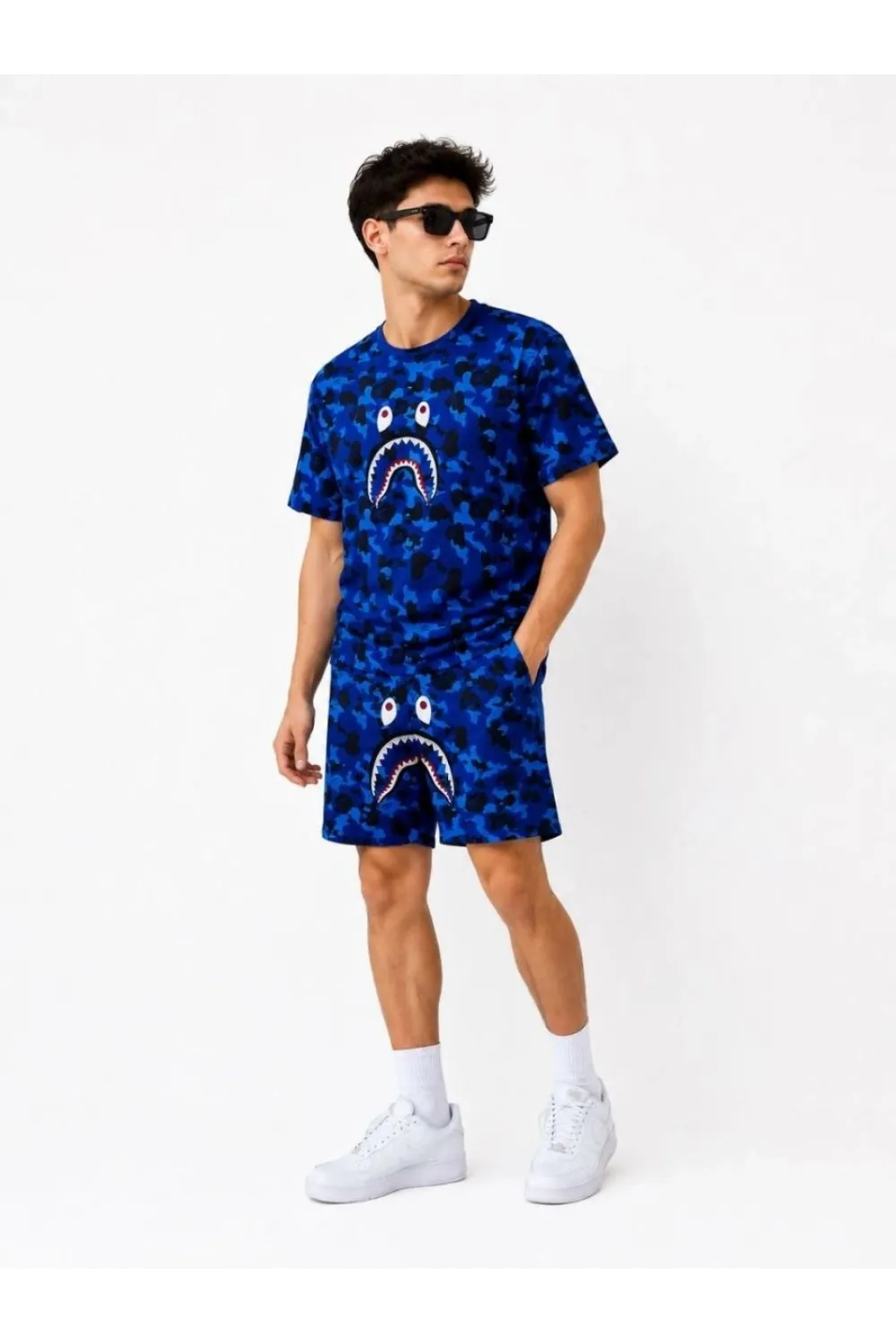 Erkek Oversize Kalıp Pubg Bape X Shark Nakışlı Cepli Şort Takım - Mavi