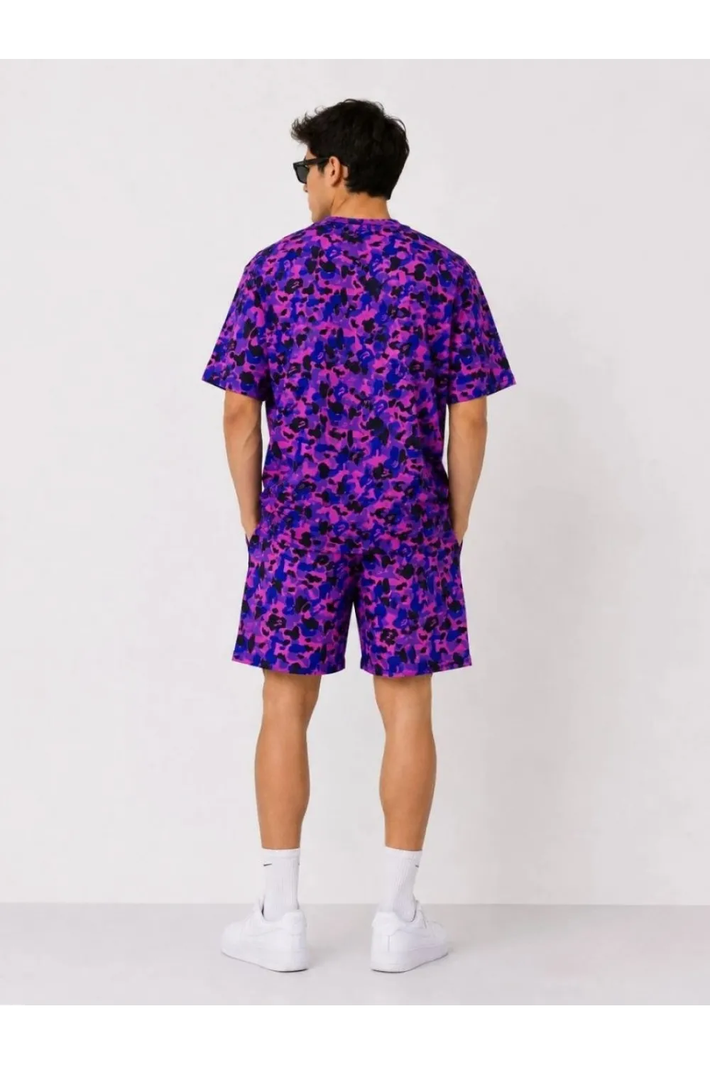 Erkek Oversize Kalıp Pubg Bape X Shark Nakışlı Cepli Şort Takım - Mor