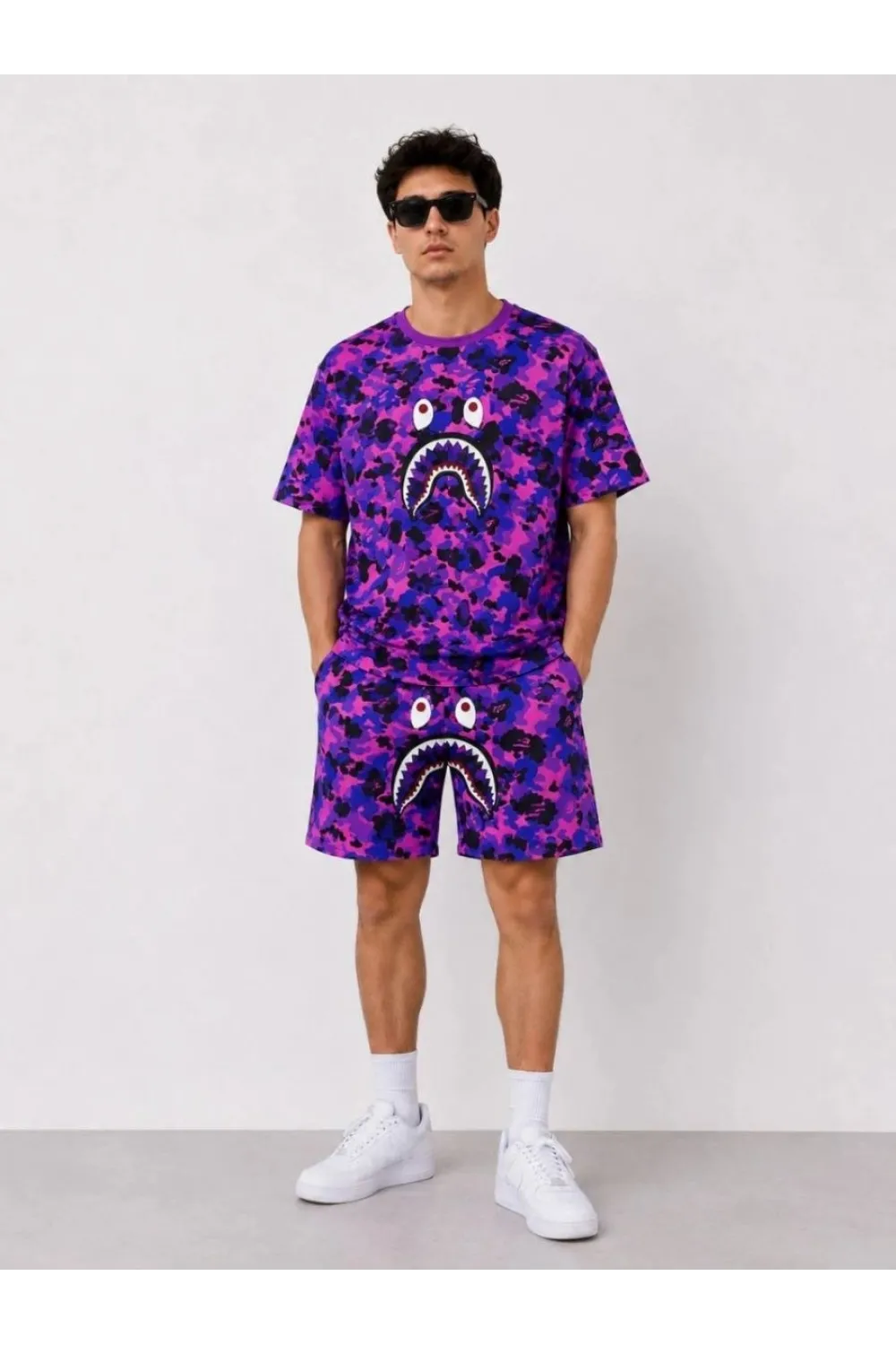 Erkek Oversize Kalıp Pubg Bape X Shark Nakışlı Cepli Şort Takım - Mor