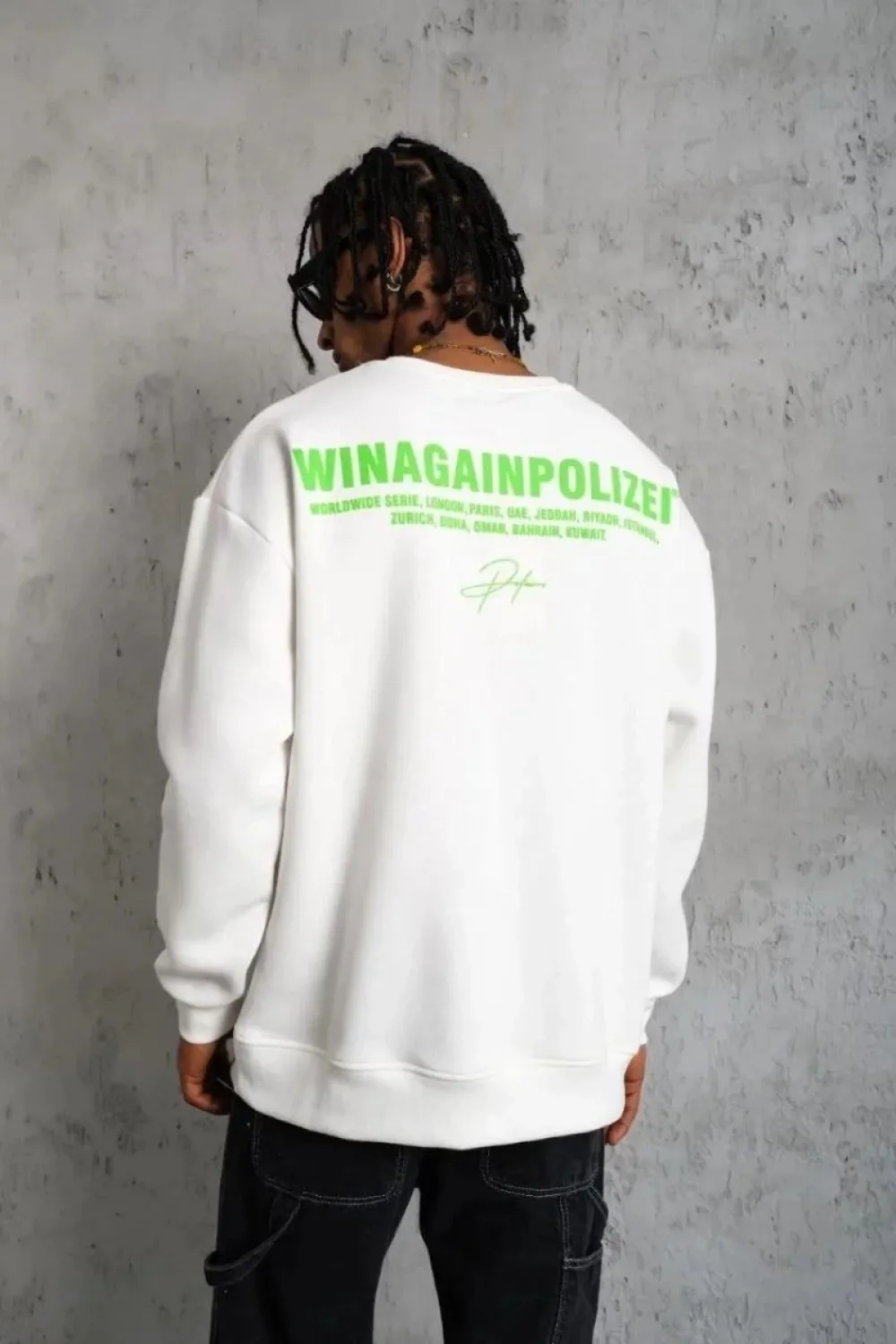 Erkek Oversize Sweatshirt Ön ve Sırt Baskılı 3 İplik Pamuklu - Beyaz