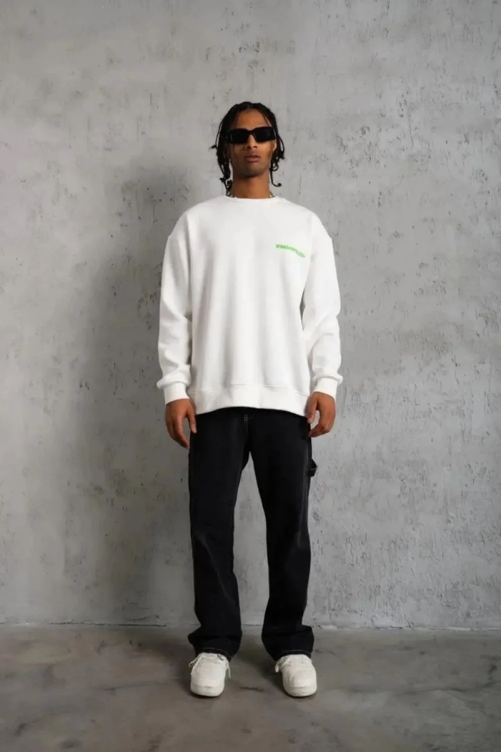 Erkek Oversize Sweatshirt Ön ve Sırt Baskılı 3 İplik Pamuklu - Beyaz