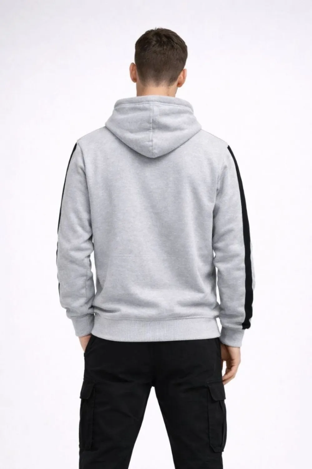 Erkek Şeritli Kapüşonlu Oversize Sweatshirt 3 iplik Pamuklu hoodie - Beyaz