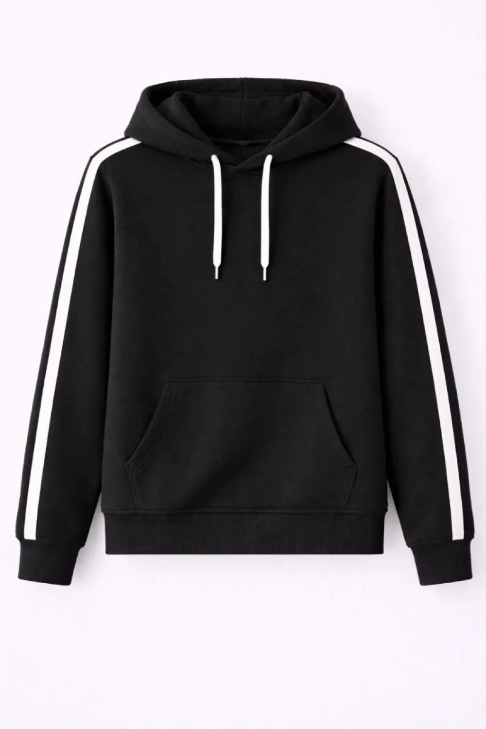 Erkek Şeritli Kapüşonlu Sweatshirt Oversize 3 iplik Pamuklu Hoodei - Siyah