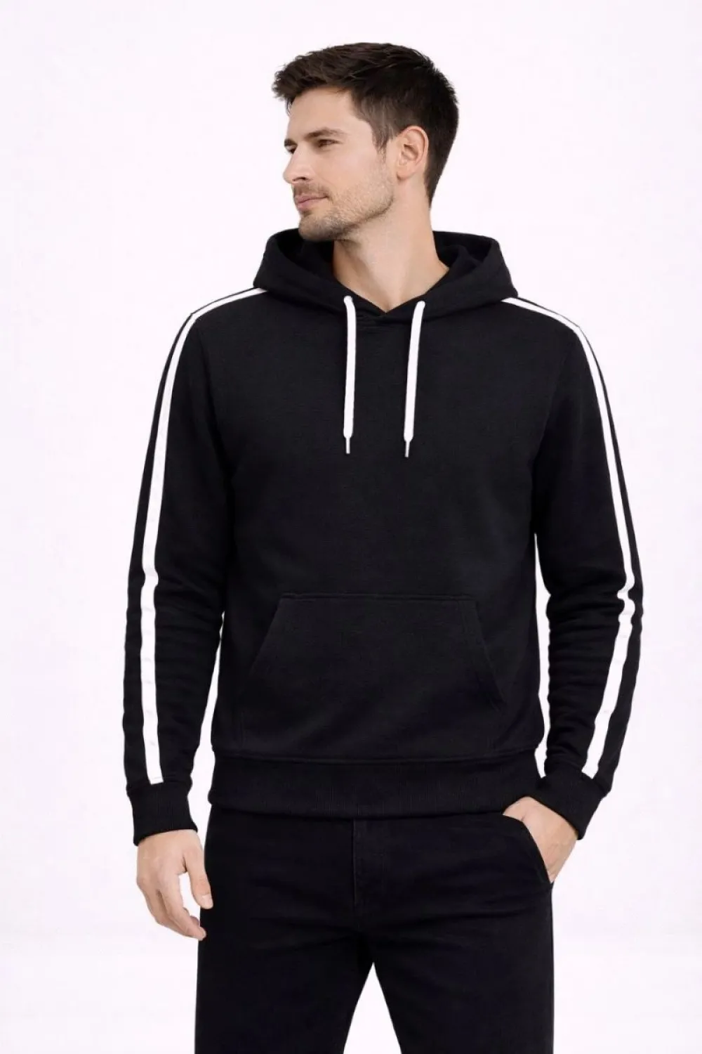 Erkek Şeritli Kapüşonlu Sweatshirt Oversize 3 iplik Pamuklu Hoodei - Siyah