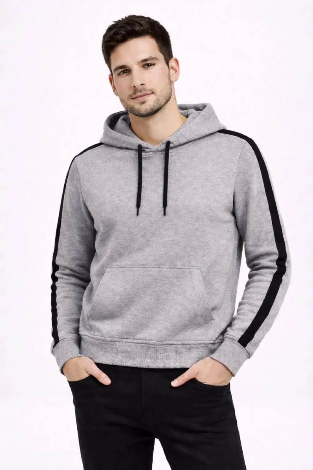 Erkek Şeritli Kapüşonlu Sweatshirt Oversize 3 iplik Pamuklu Hoodie - Gri