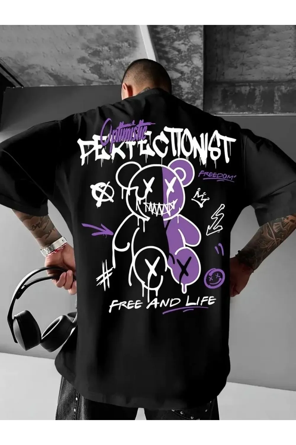 Erkek T-shirt Baskılı Bisiklet Yaka Kısa Kol Tişört - Siyah