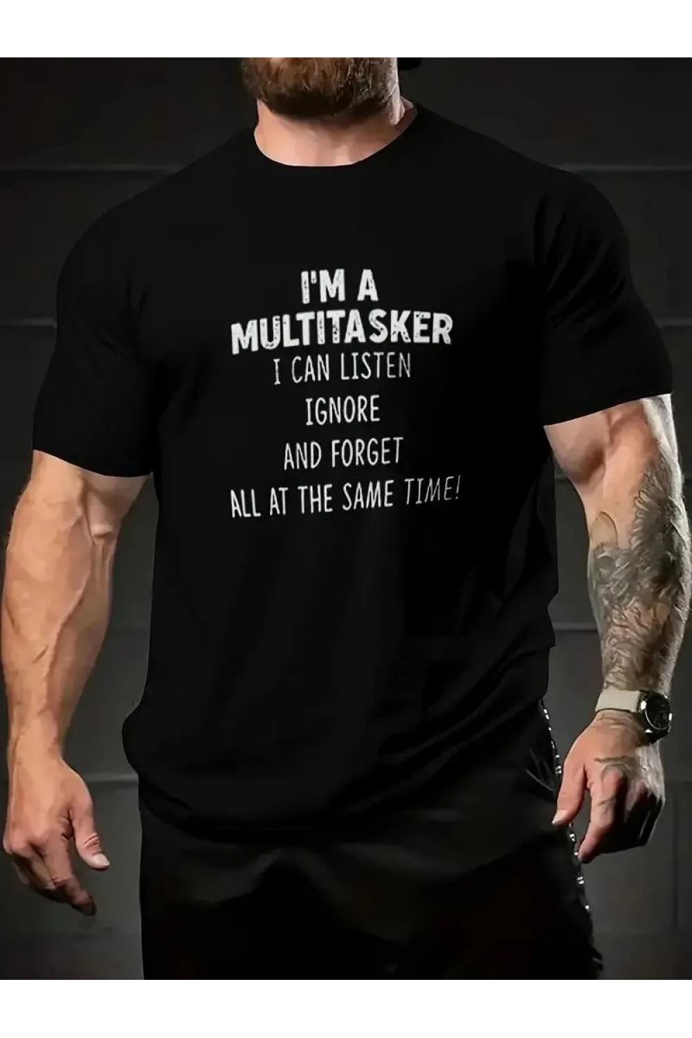 Erkek T-shirt Komik Multitasker Baskılı Kısa kol Tişört - Siyah