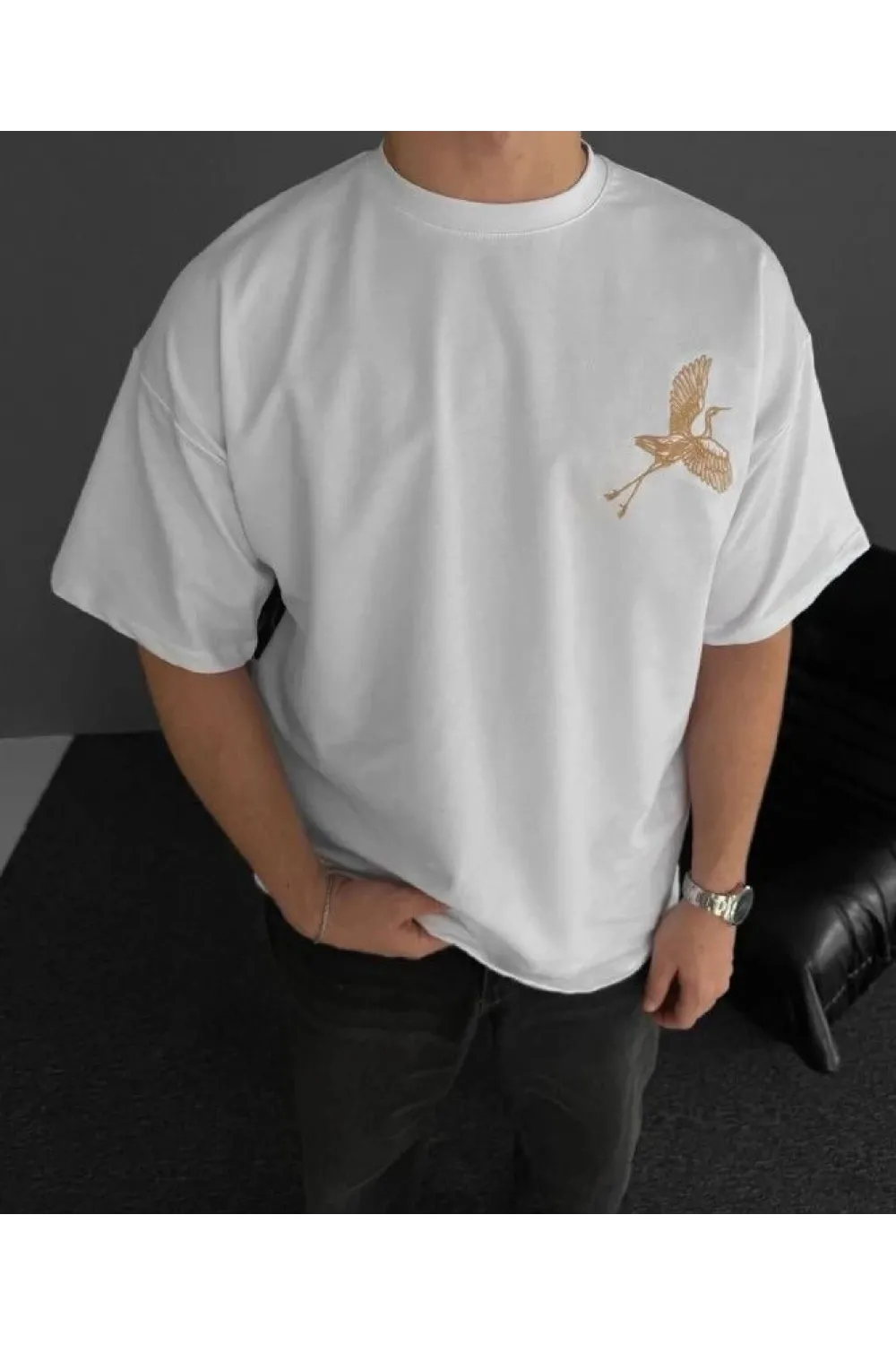 Erkek T-Shirt Ön ve Arka Baskılı Oversize Bisiklet Yaka tişort - Beyaz