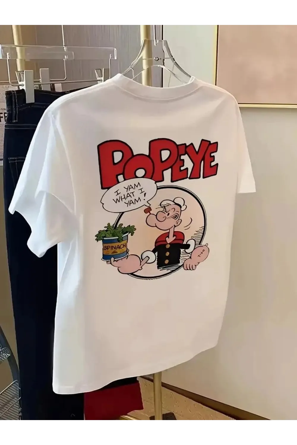 Erkek T-Shirt Oversize Kısa kol Tişört Popeye Baskılı - Beyaz