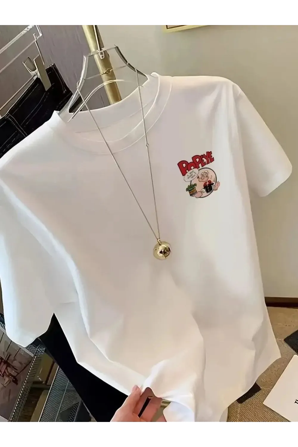 Erkek T-Shirt Oversize Kısa kol Tişört Popeye Baskılı - Beyaz