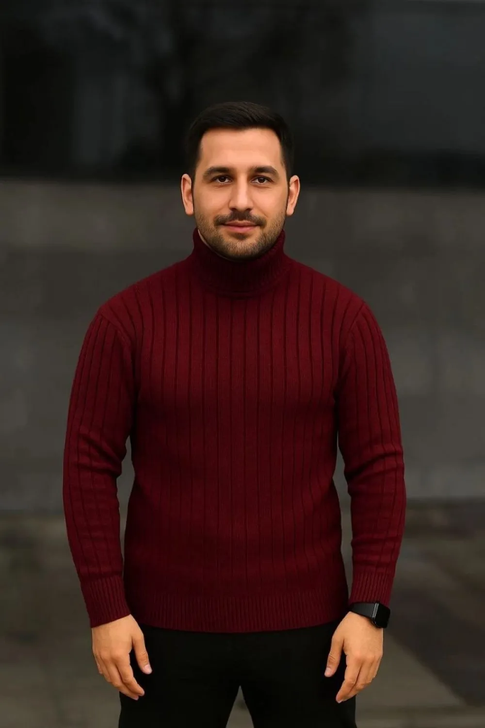 Erkek Tam Boğazlı Balıkçı Yaka Triko Kazak Kalın Fitilli - Bordo