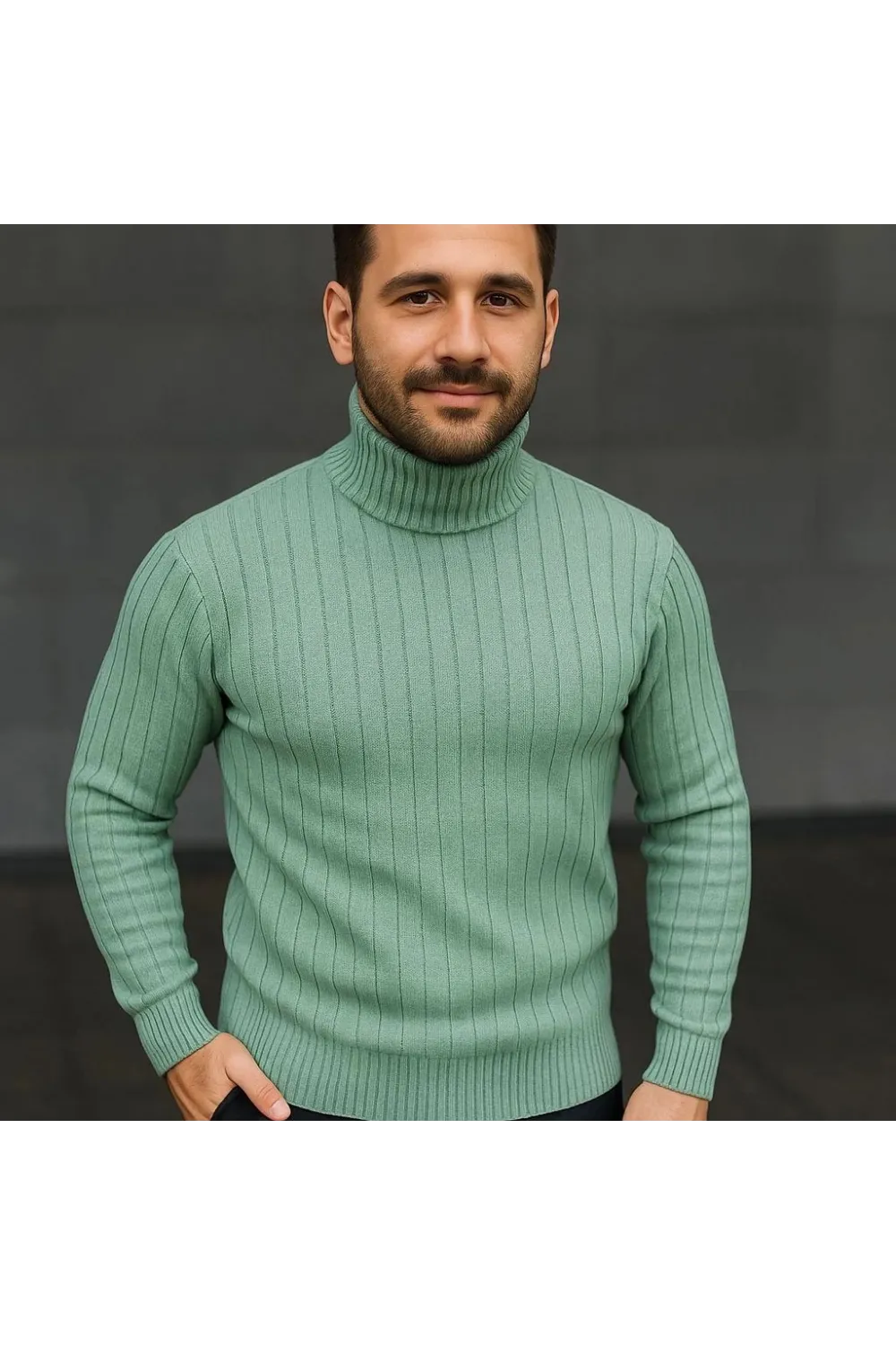 Erkek Tam Boğazlı Balıkçı Yaka Triko Kazak Kalın Fitilli - Mint Yeşili