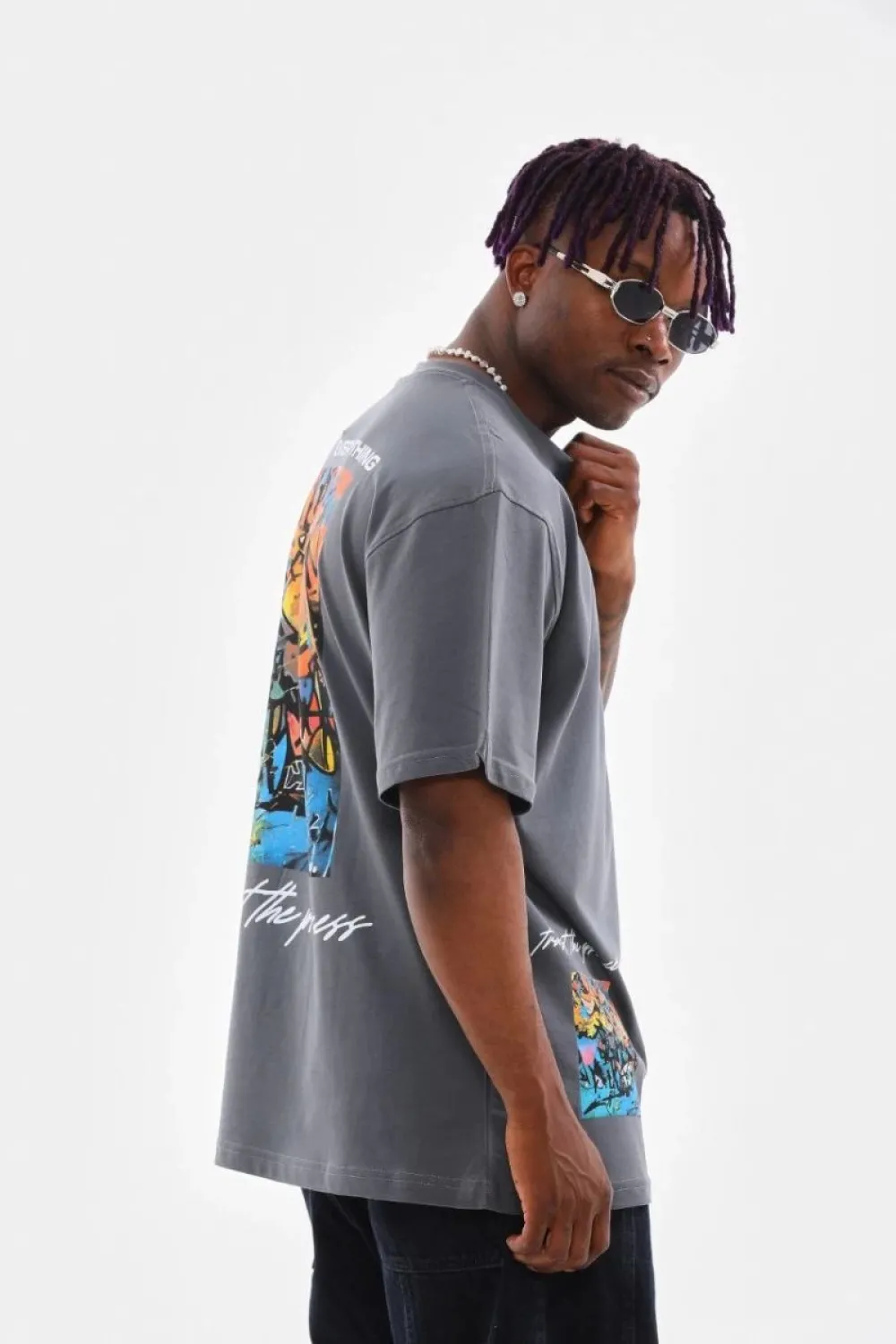 Erkek Tişort  Bisiklet Yaka Baskılı Oversize T-Shirt - Gri