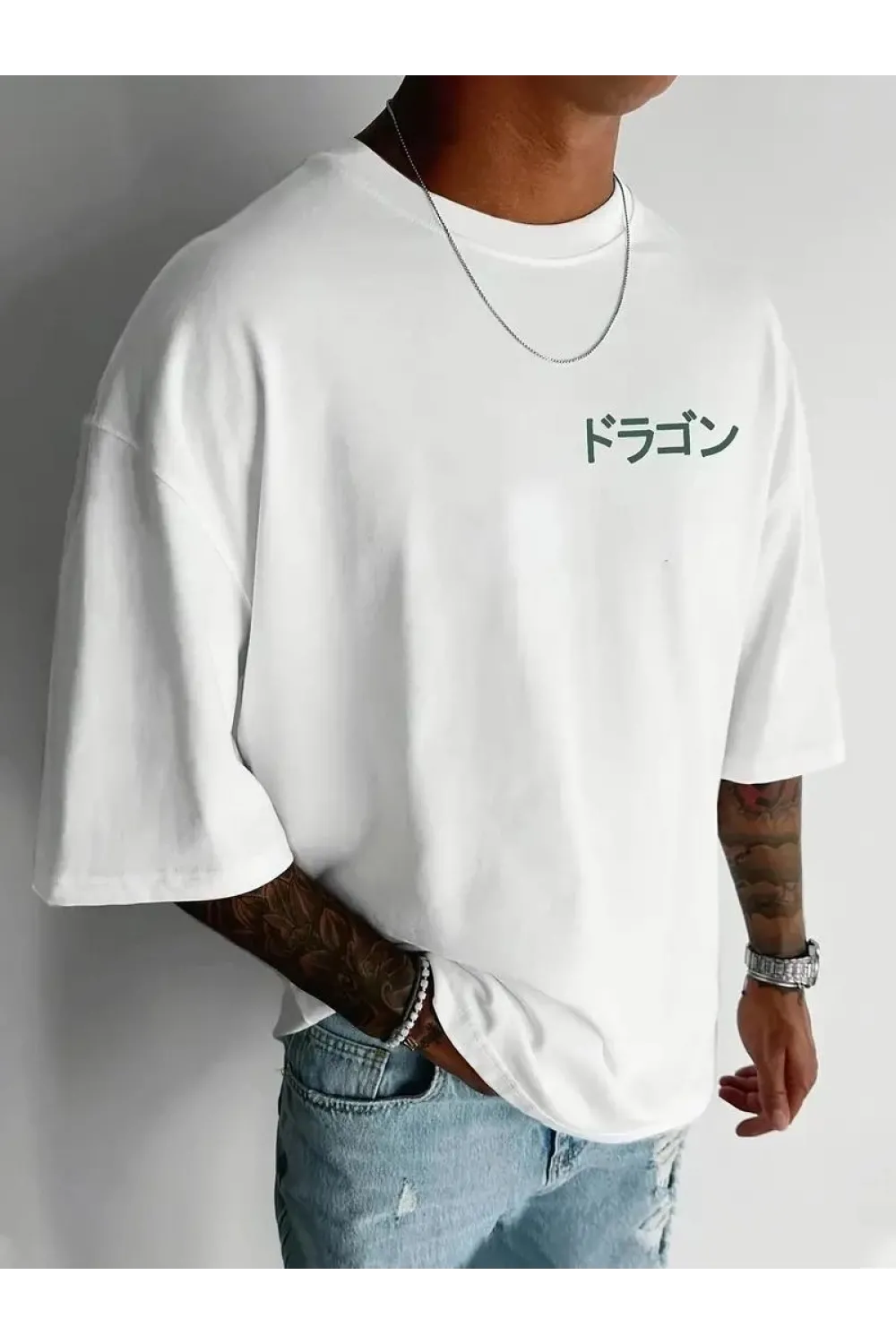 Erkek Tişört Penye Compack Ejder Baskılı Bisiklet Yaka T-shirt - Beyaz