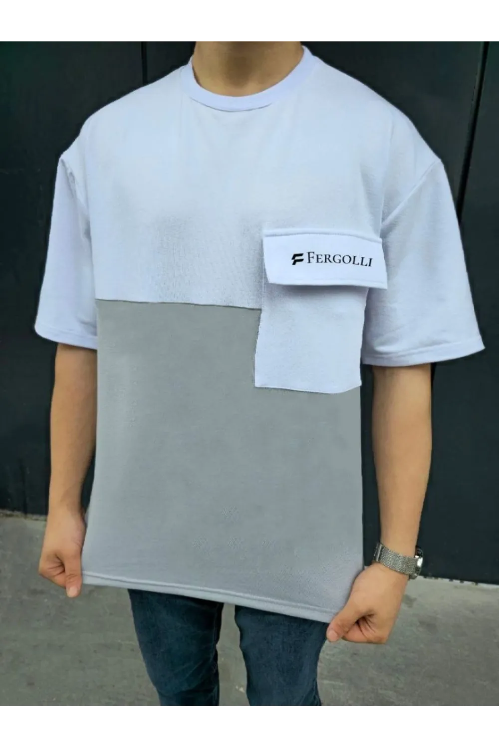 ERKEK Tişört Torba Cepli Parçalı Kısa Kol T-Shirt - Gri