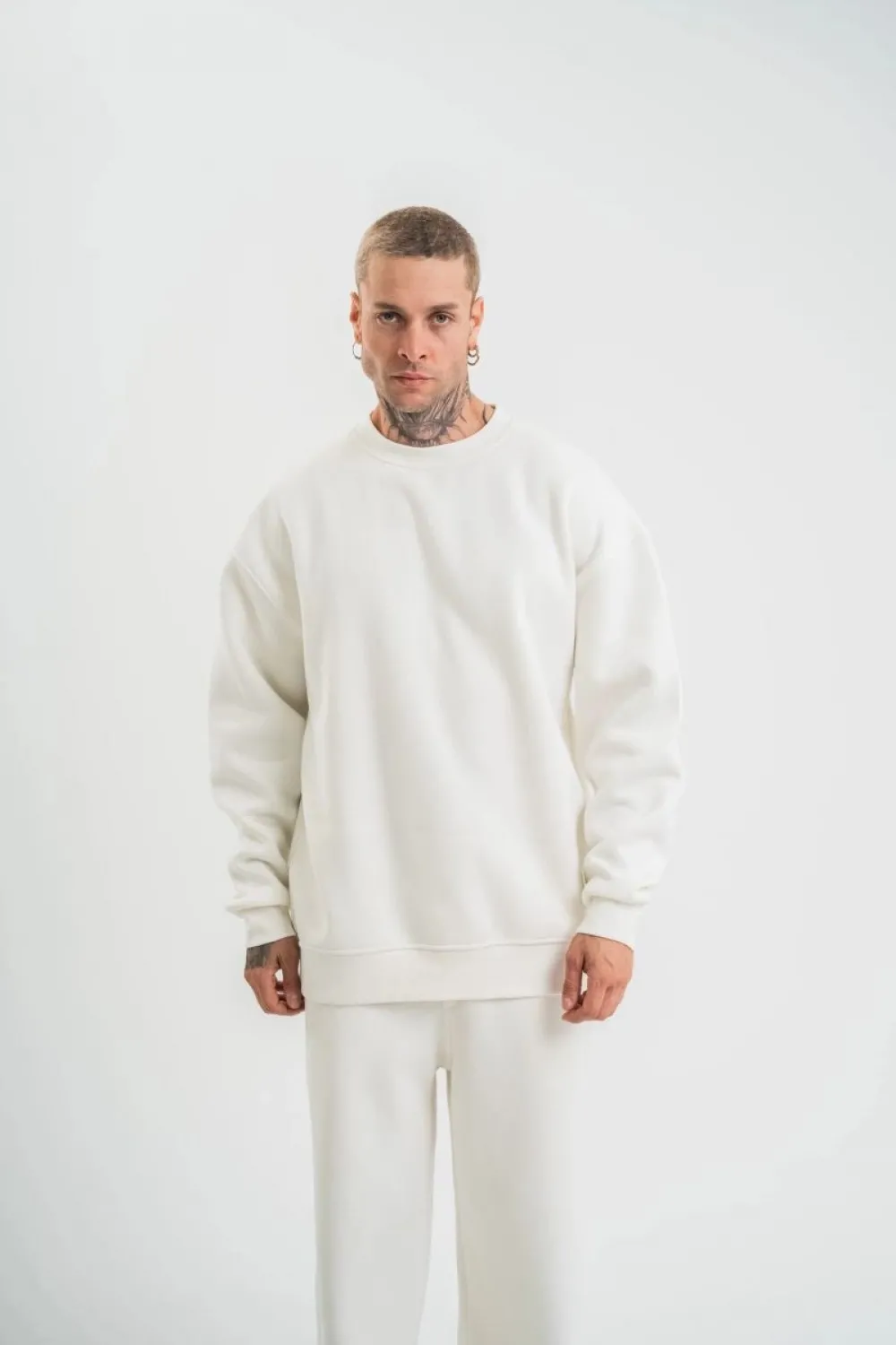 Erkek Uzun Kol Bisiklet Yaka 3 iplik Pamuklu Kışlık SweatShirt  - Beyaz