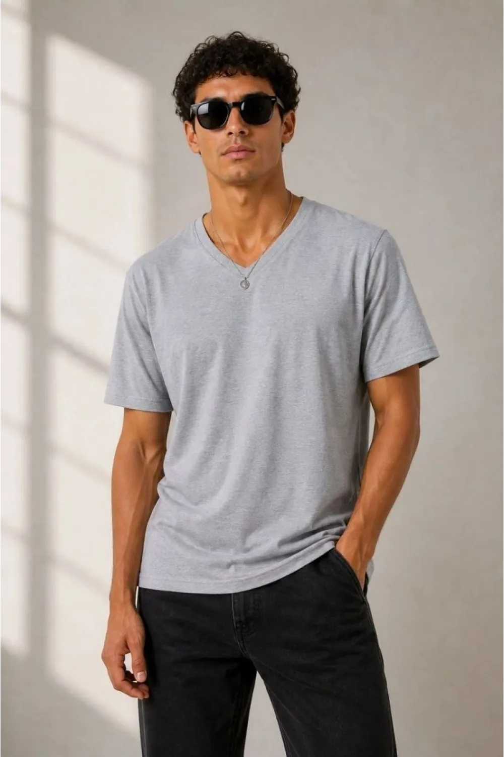 Erkek V Yaka Basic Tişört Kısa Kol Yazlık Regular Fit T-Shirt - Gri