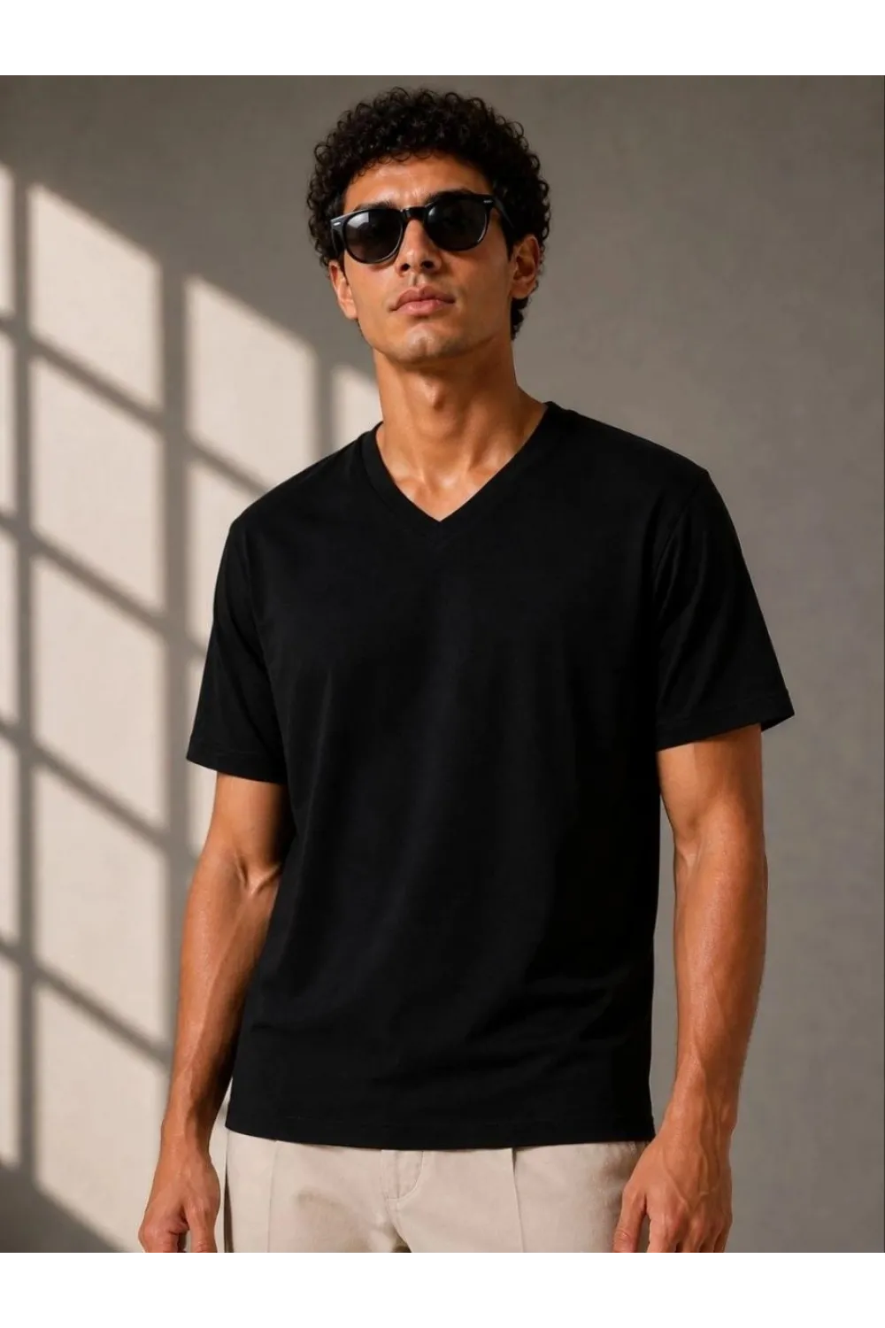 Erkek V Yaka Basic Tişört Kısa Kol Yazlık Regular Fit T-Shirt - Siyah