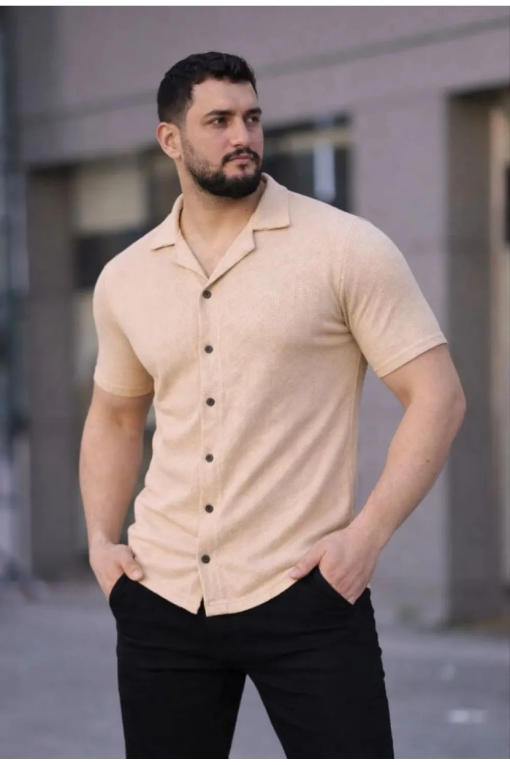 Erkek Waffle Dokuma Kumaş Açık Yakalı Düğmeli Gömlek 2’li Set Haki-Bej